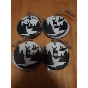 Handmade Hand Painted Rustic Deer Wood Ornaments Set of 4 Christmas